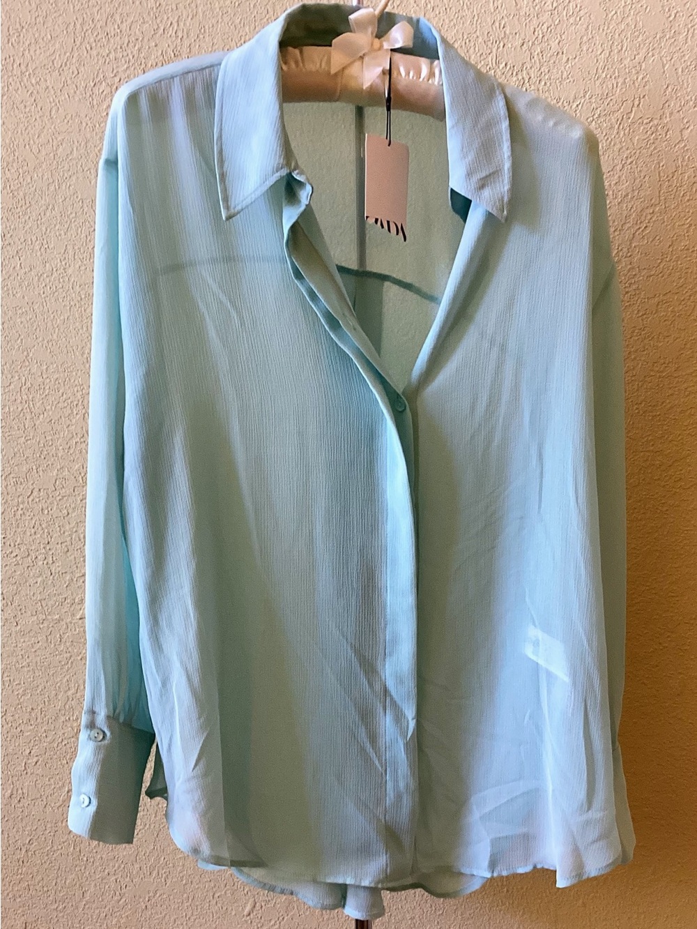 NWT Sea Foam Green Sheer Button-Up Blouse